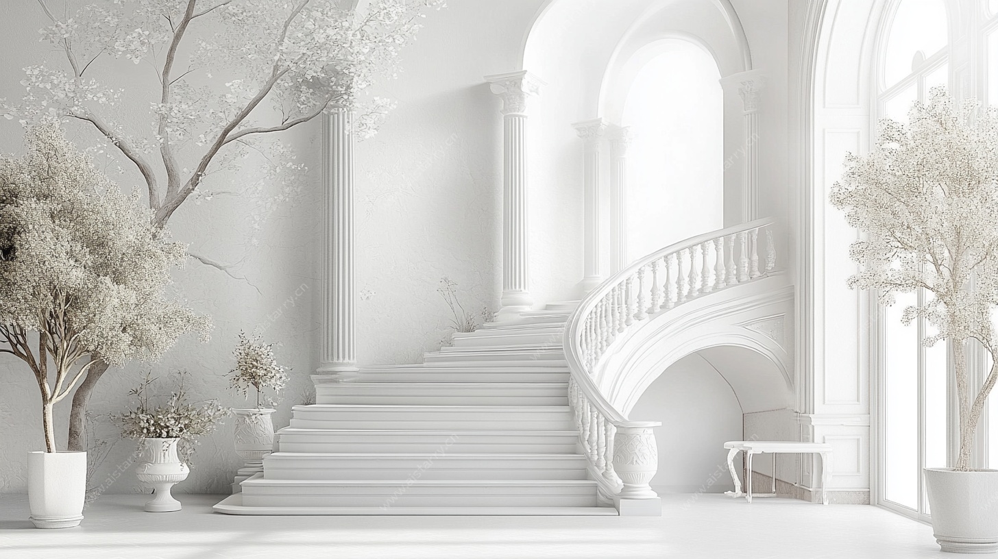 纯白优雅室内弧形楼梯景观