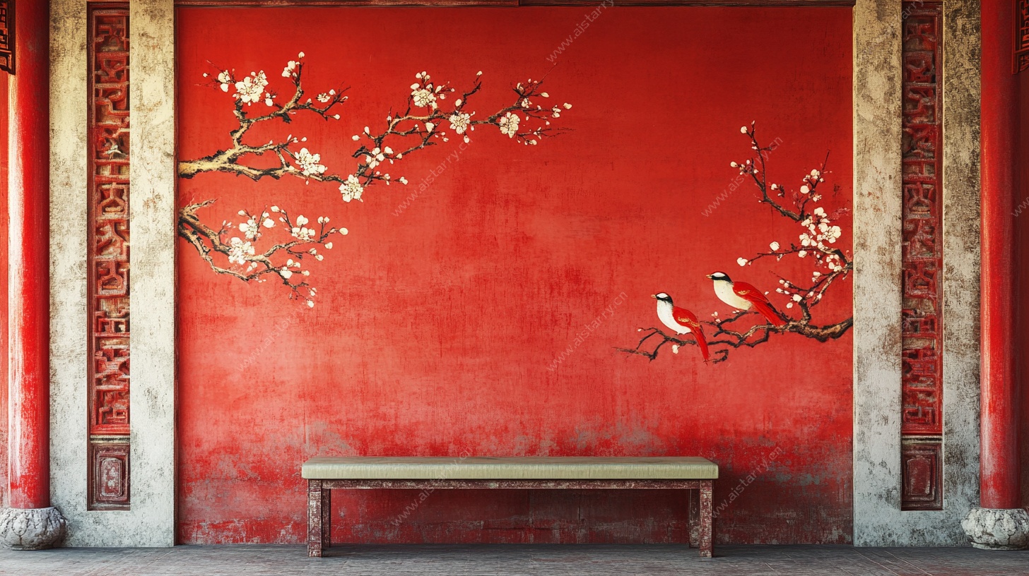 中式红墙花鸟景致