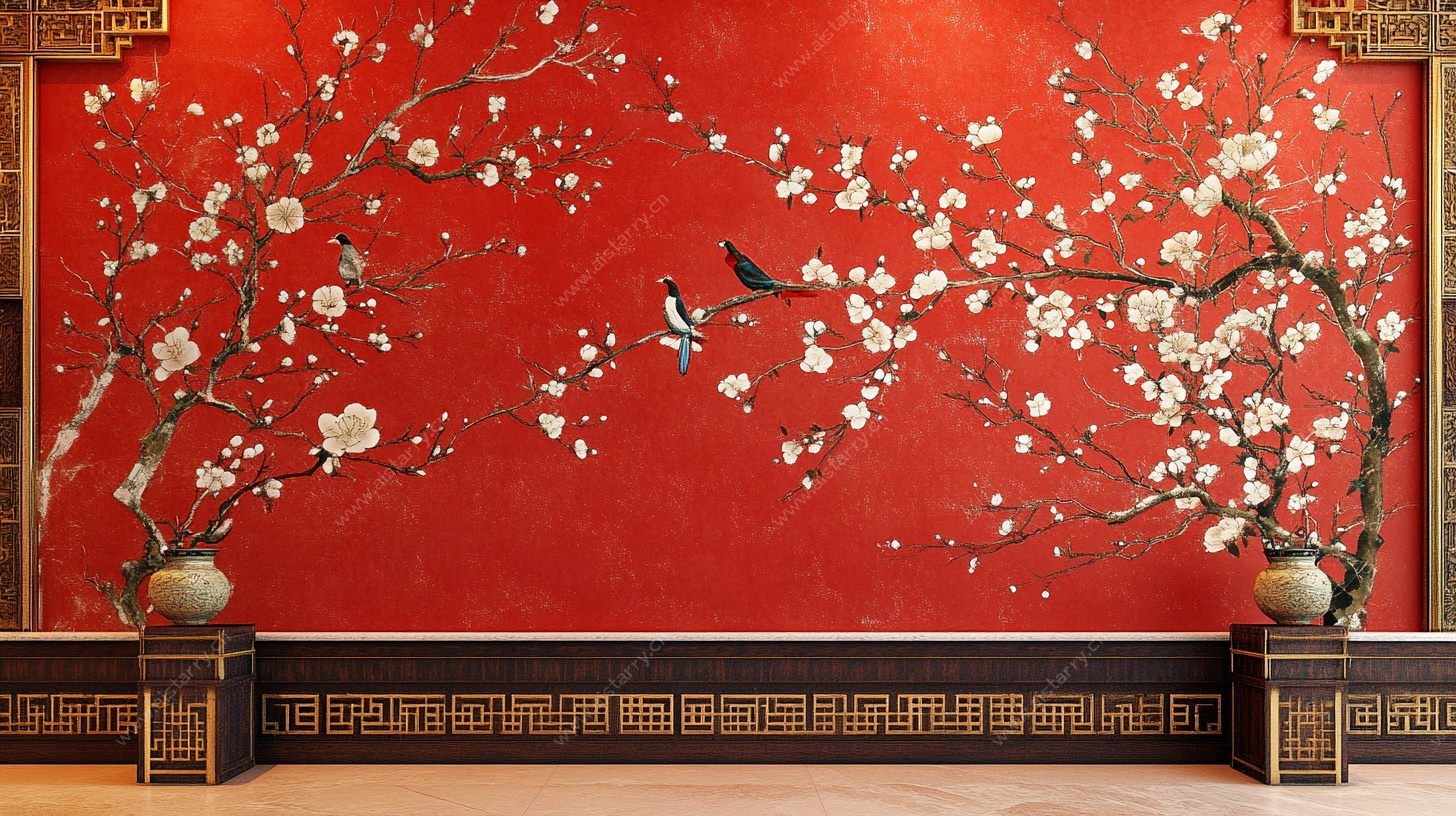 中式红梅飞鸟背景墙