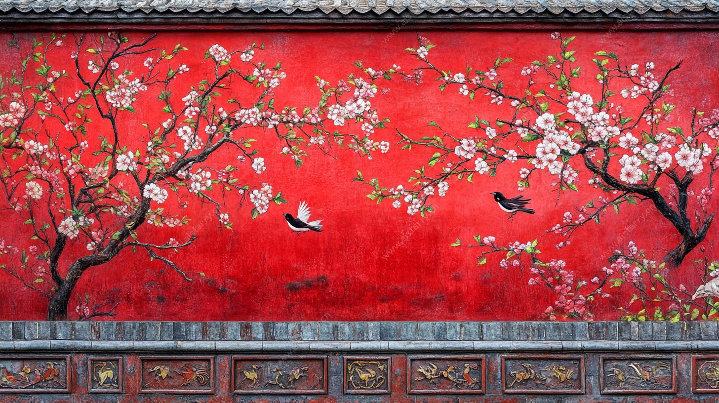 红梅飞鸟中式墙绘