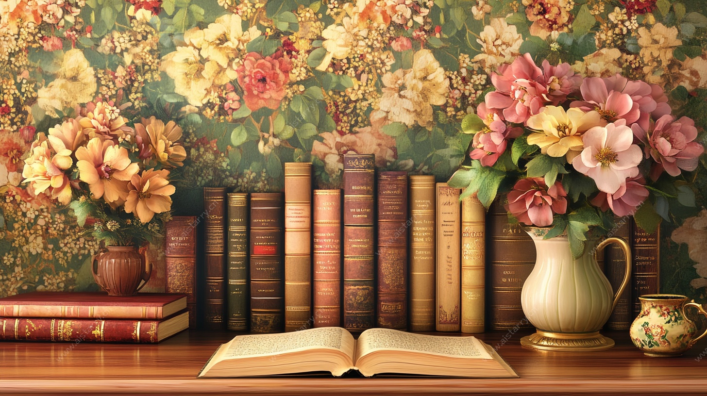 复古花卉旁的书香静物