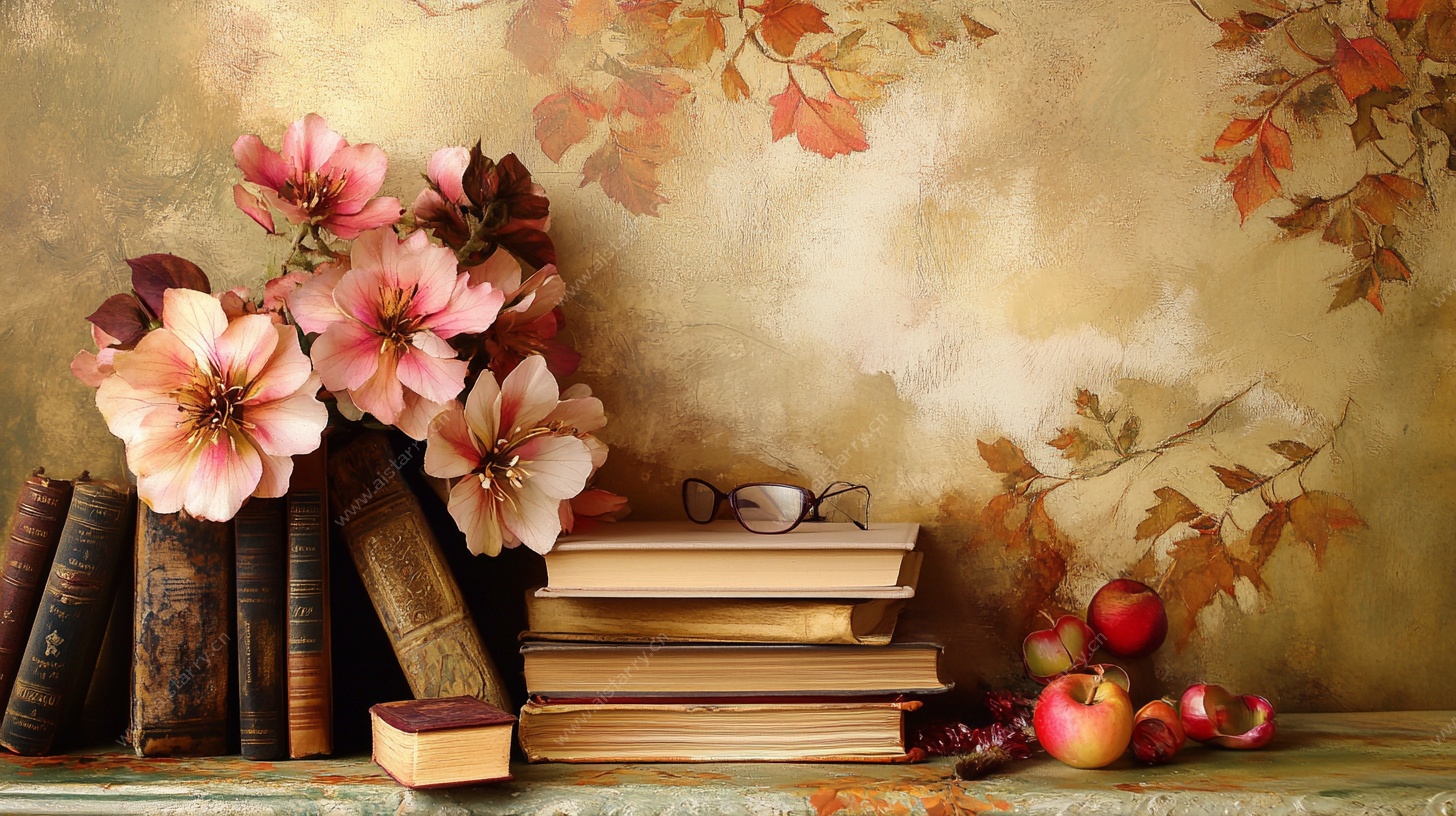 复古静物 书籍鲜花与果实
