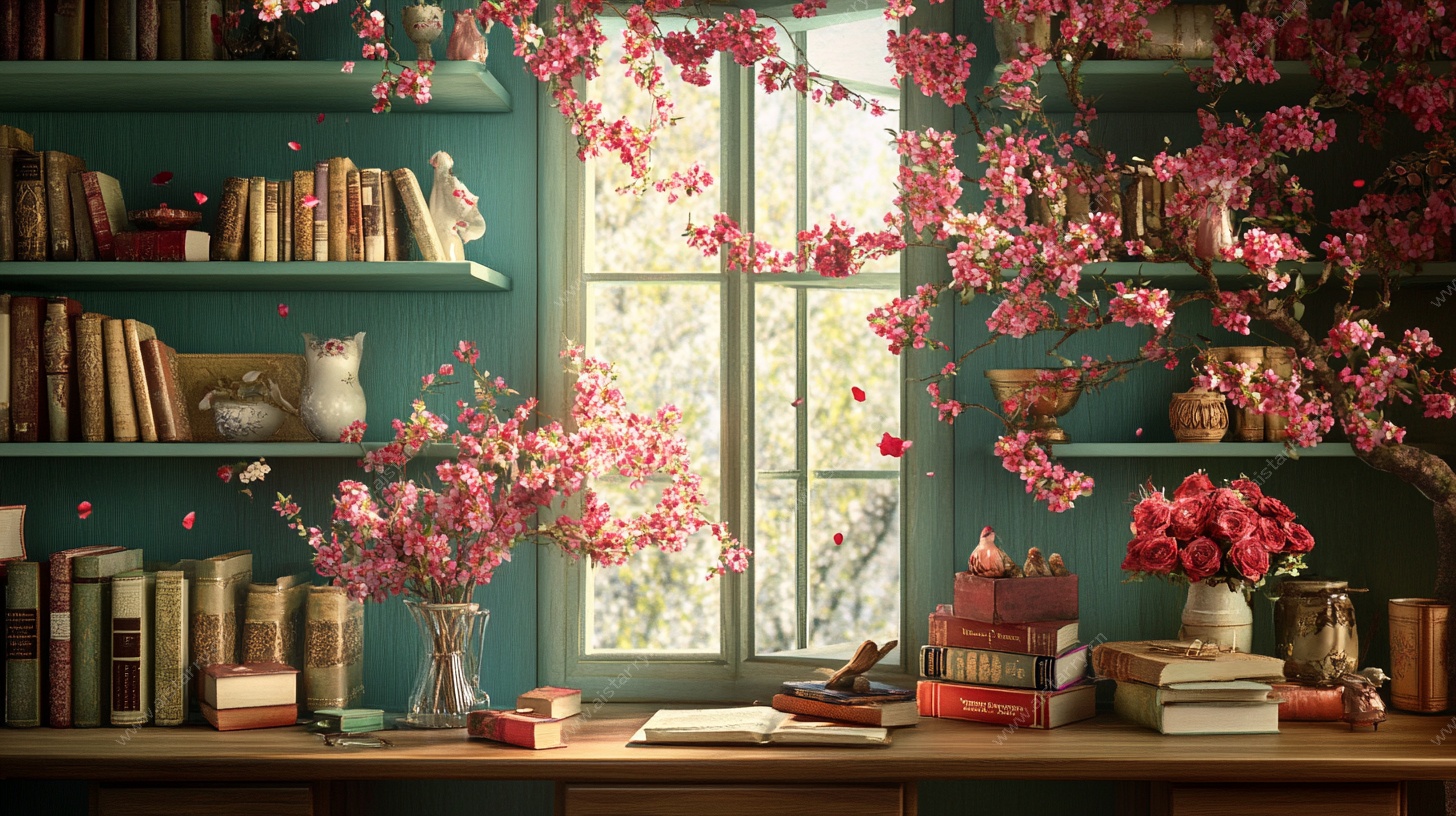 窗边书香花韵静谧书房