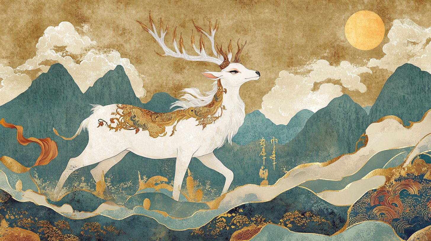 祥瑞白鹿游于山水间