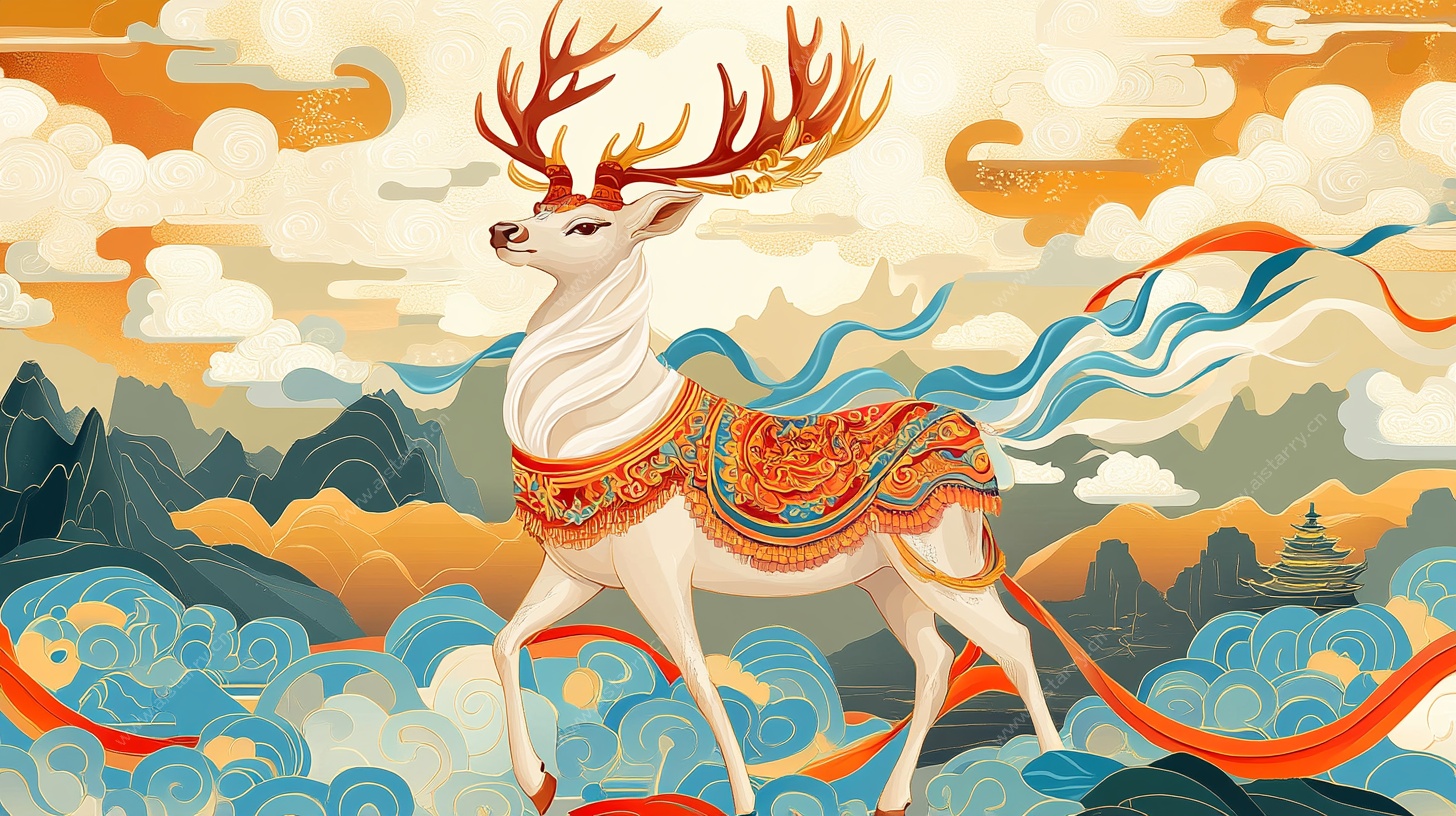 祥瑞白鹿踏云图