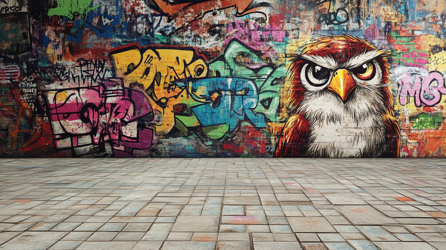 涂鸦墙前的猫头鹰艺术场景