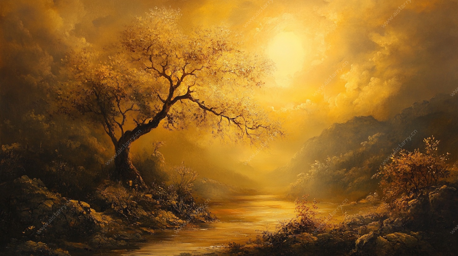 黄昏下的孤树河畔美景