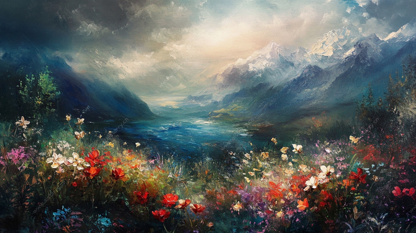 山间花海湖泊梦幻美景