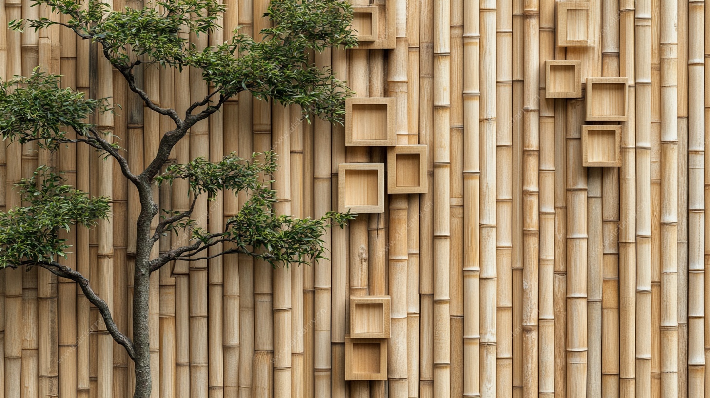 竹墙旁的绿意小树