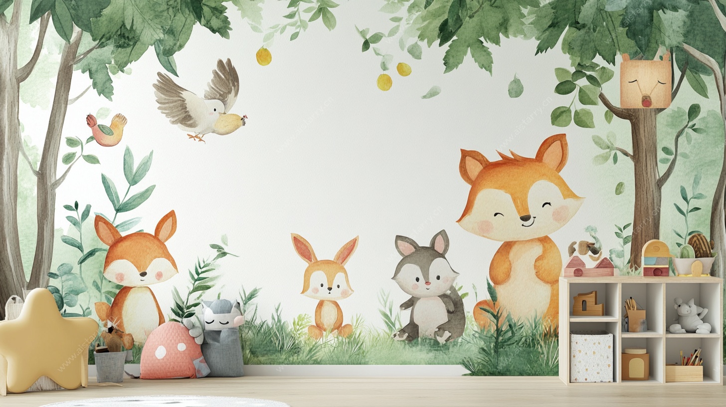 森林动物儿童房墙绘