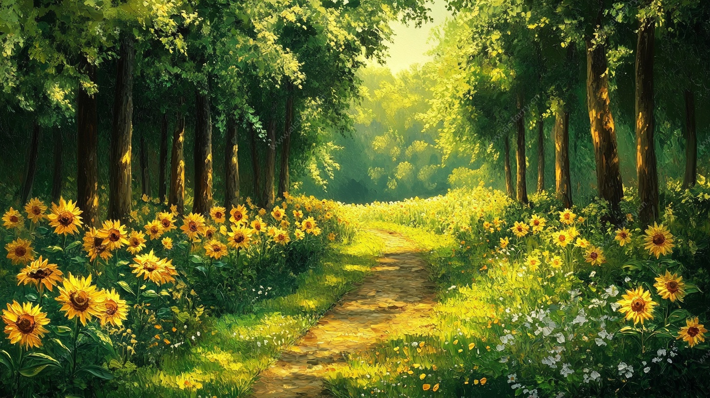 阳光洒落的林间向日葵小径