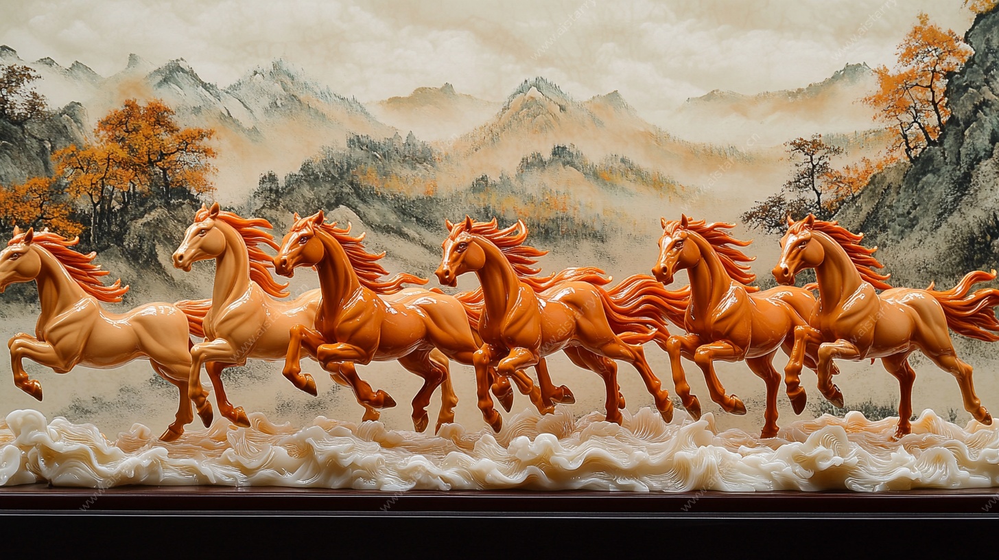 八骏奔腾玉雕图