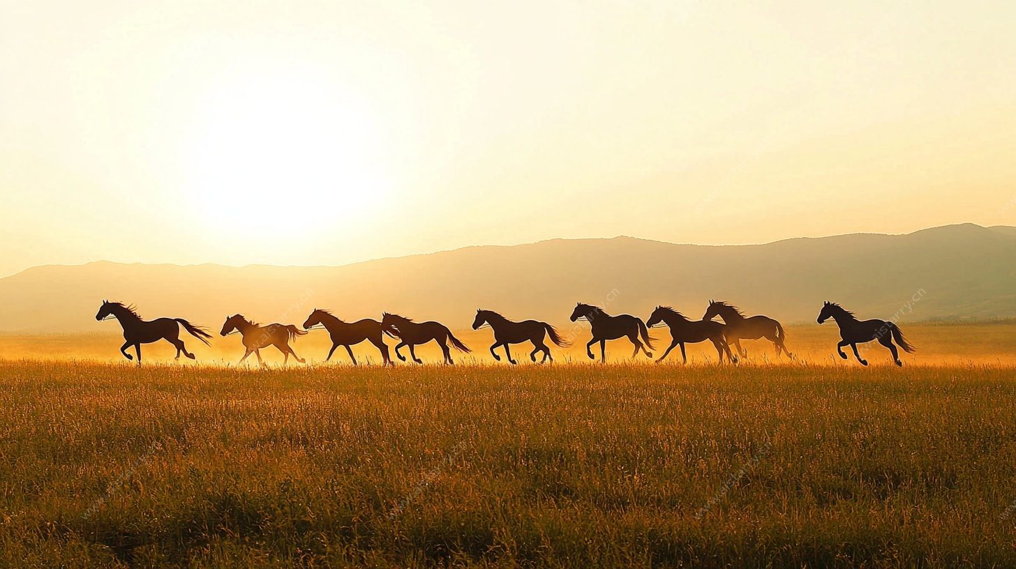 草原群马在夕阳下奔腾