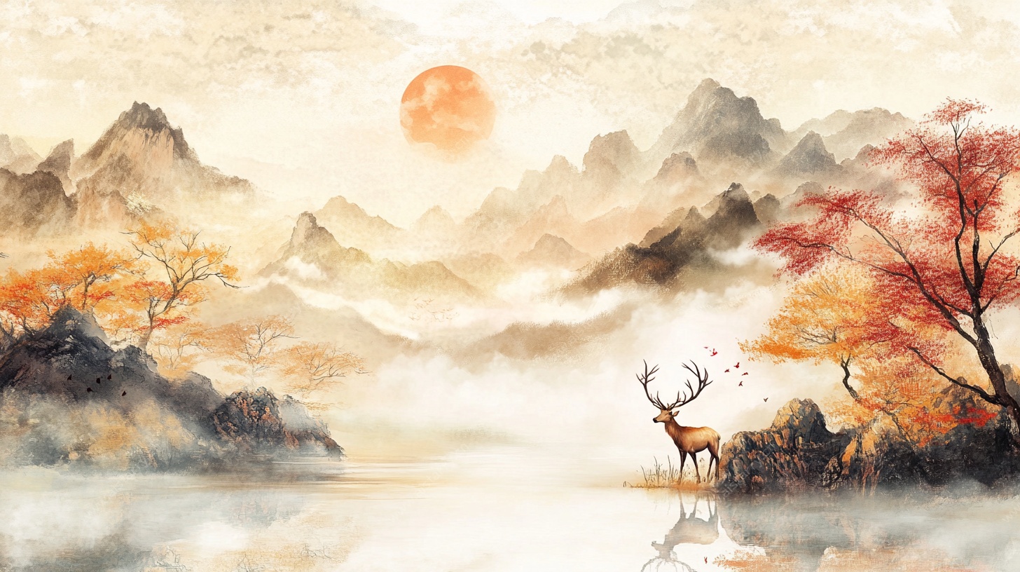 秋日山水间的鹿影