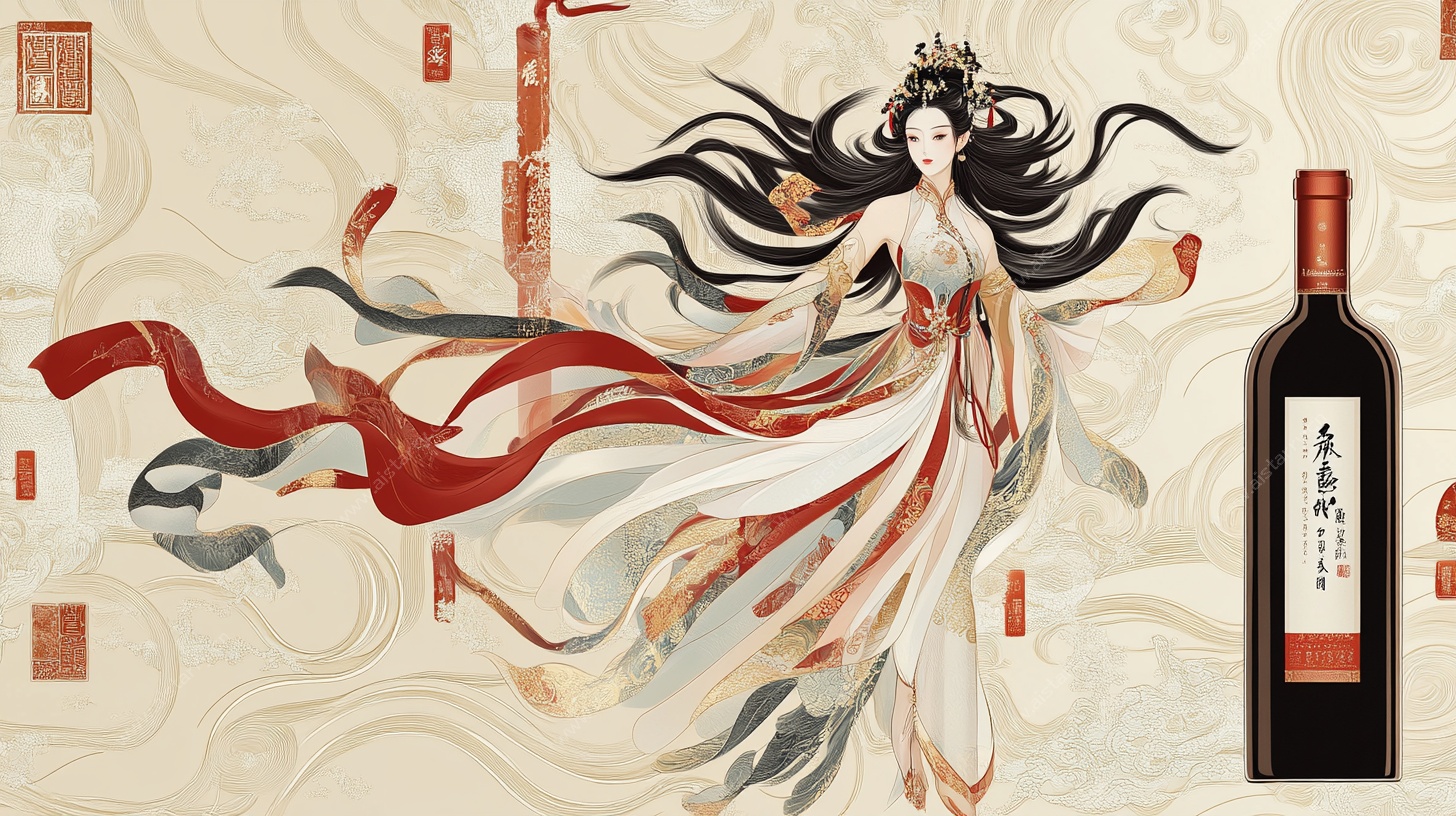 古风神女与红酒插画