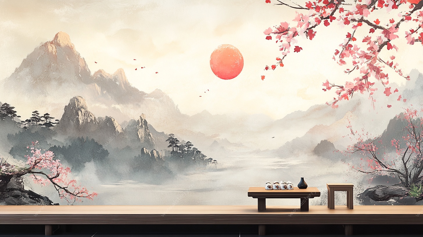 中式山水意境饮茶场景