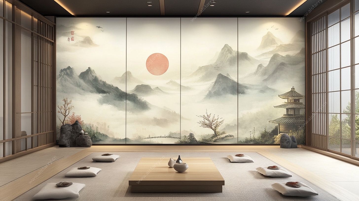 中式茶室山水壁画意境空间