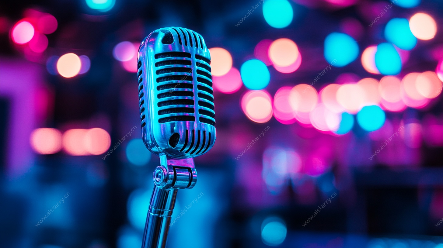 复古麦克风与炫彩舞台光