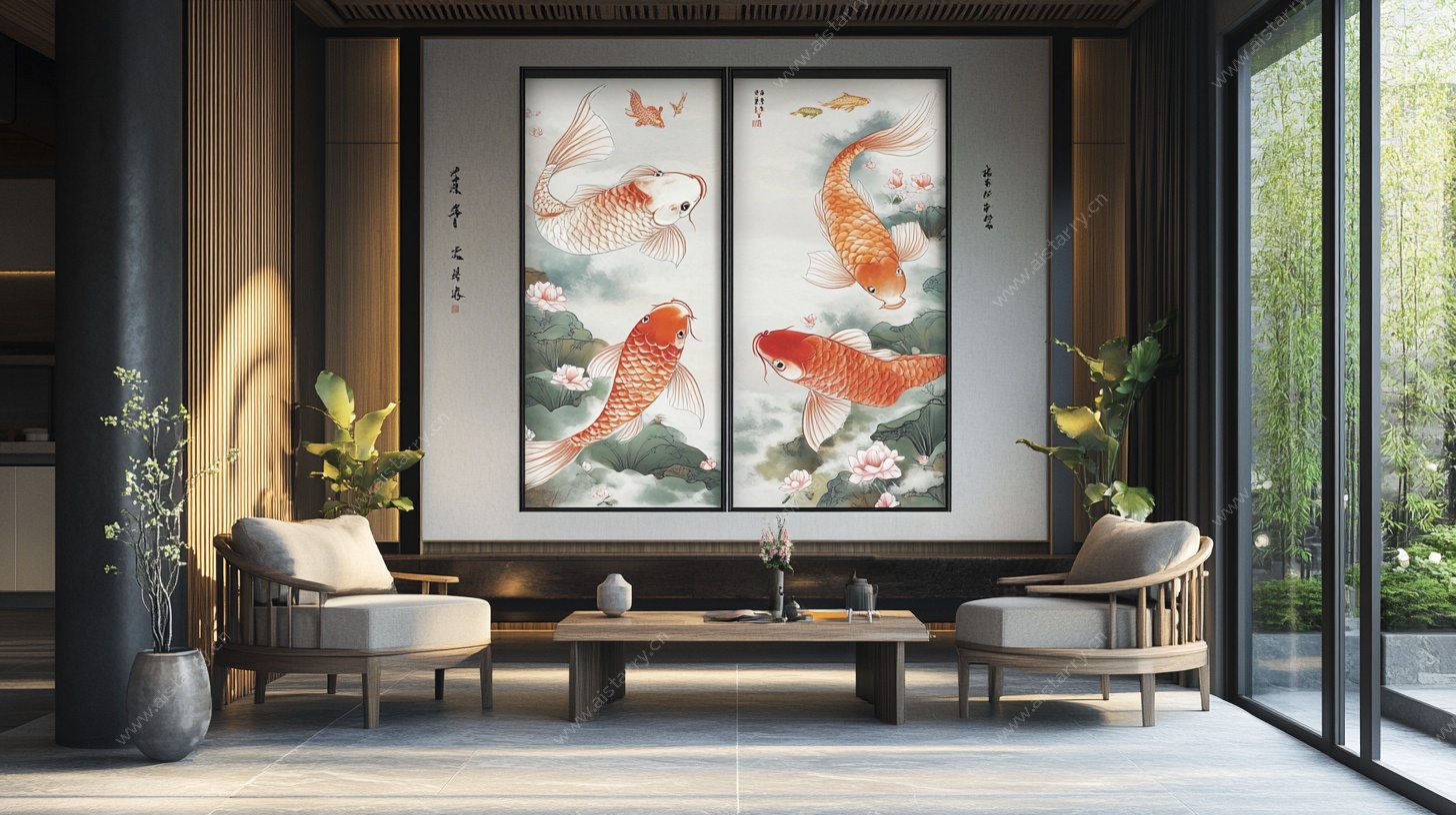 中式客厅锦鲤挂画装饰