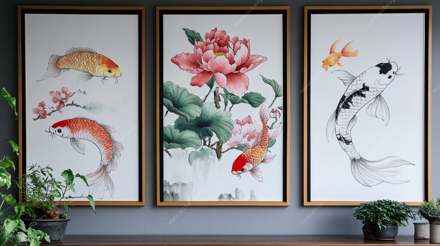 三联中式锦鲤花卉挂画