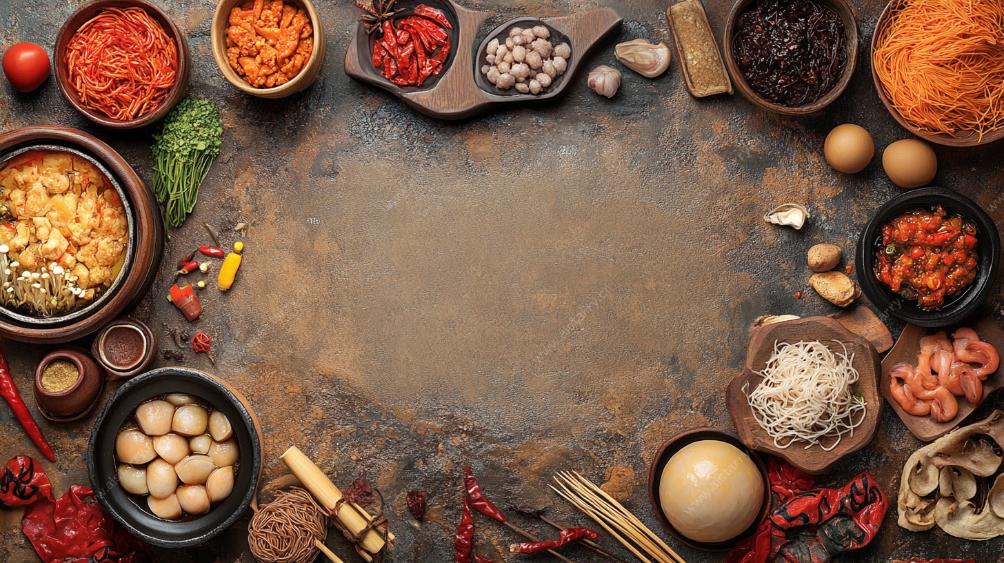 多样调料摆放在古朴台面上