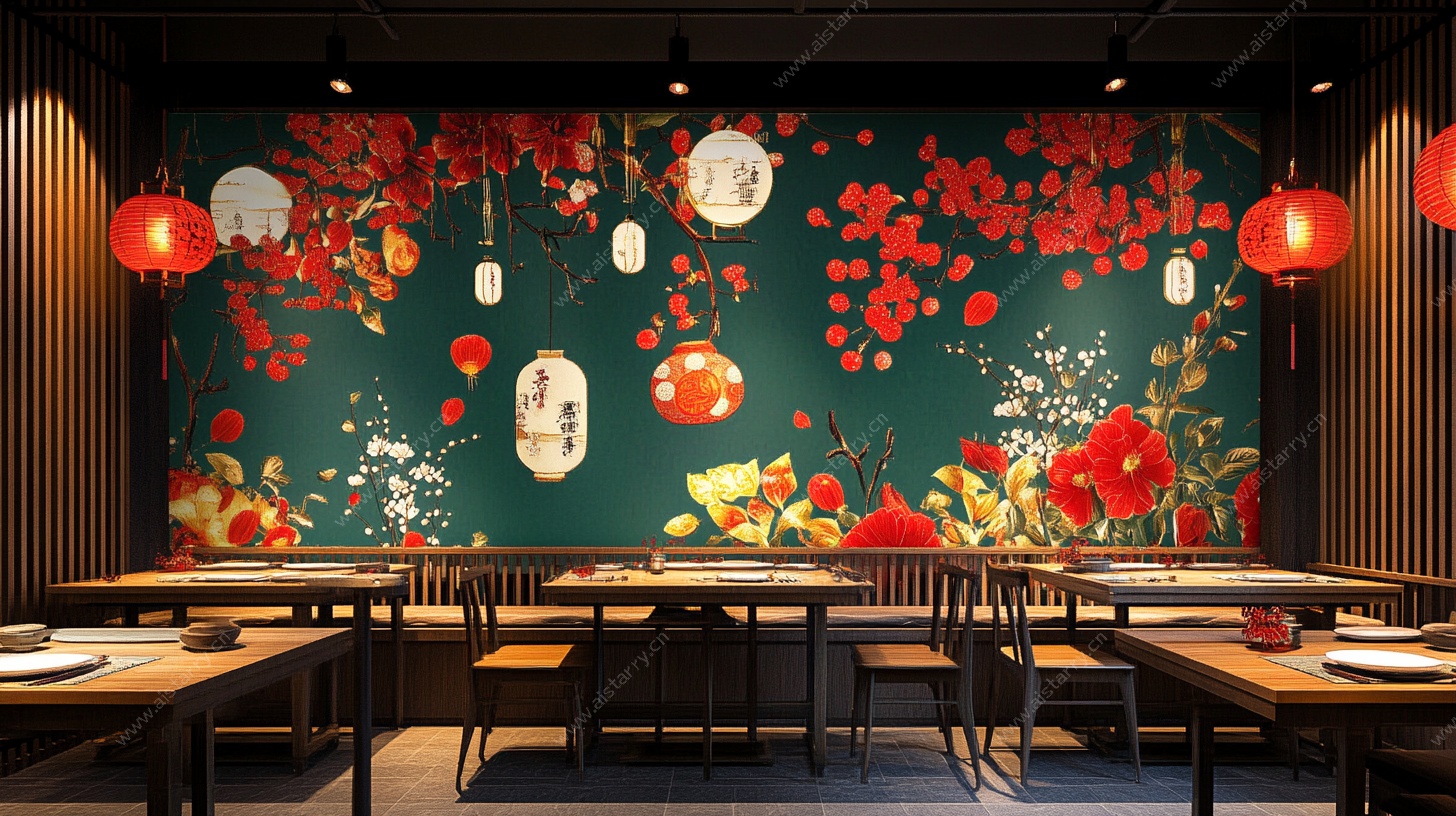 中式餐厅花卉主题装饰墙