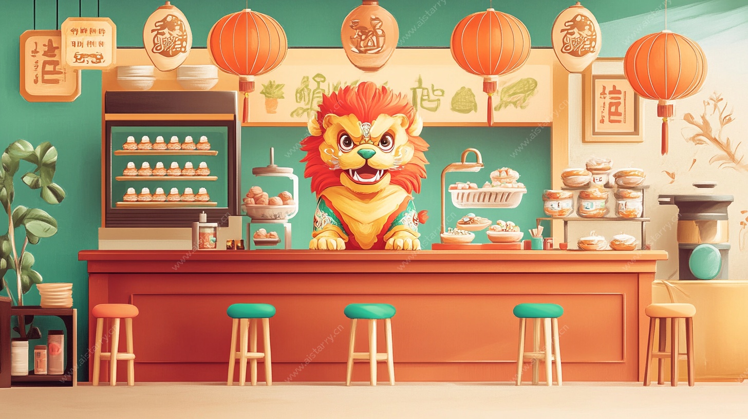 中式糕点店的萌态醒狮