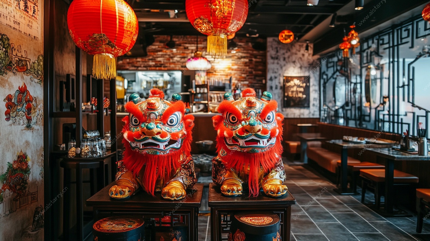 中式餐厅内的喜庆舞狮摆件