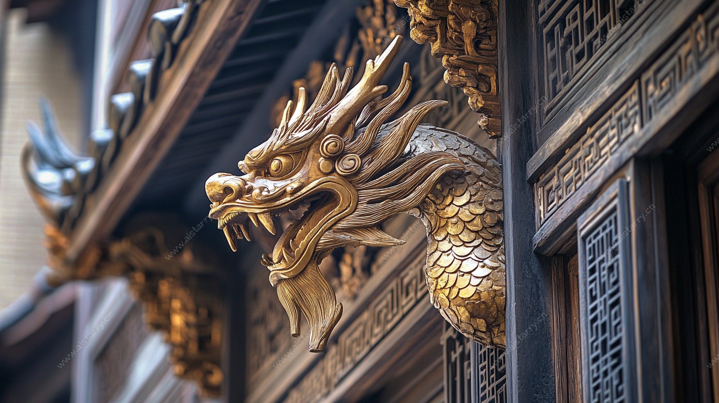 中式建筑龙头木雕装饰