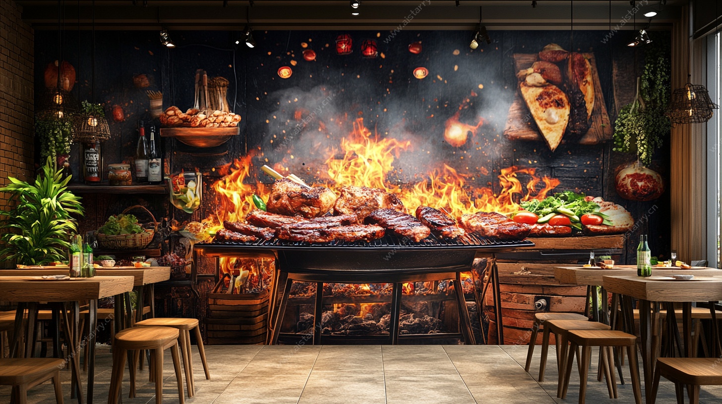 餐厅内的火热烧烤壁画