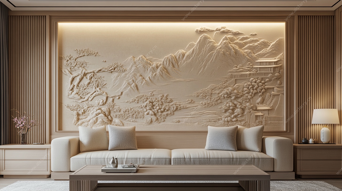 中式浮雕客厅沙发背景墙