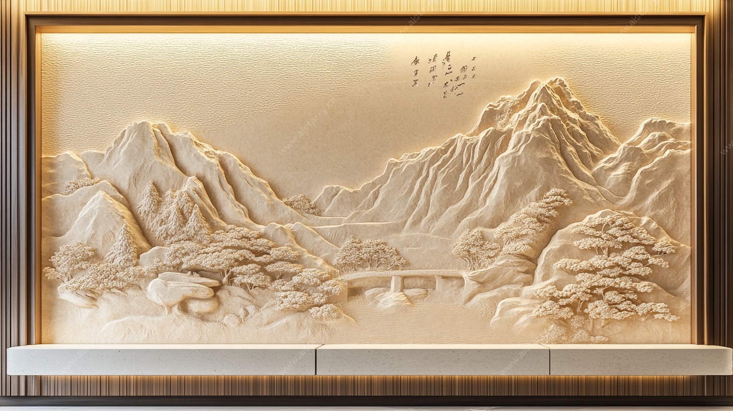 中式山水浮雕电视背景墙