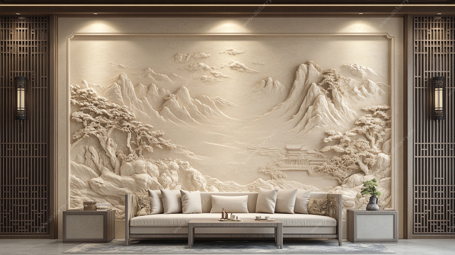 中式山水浮雕客厅背景墙