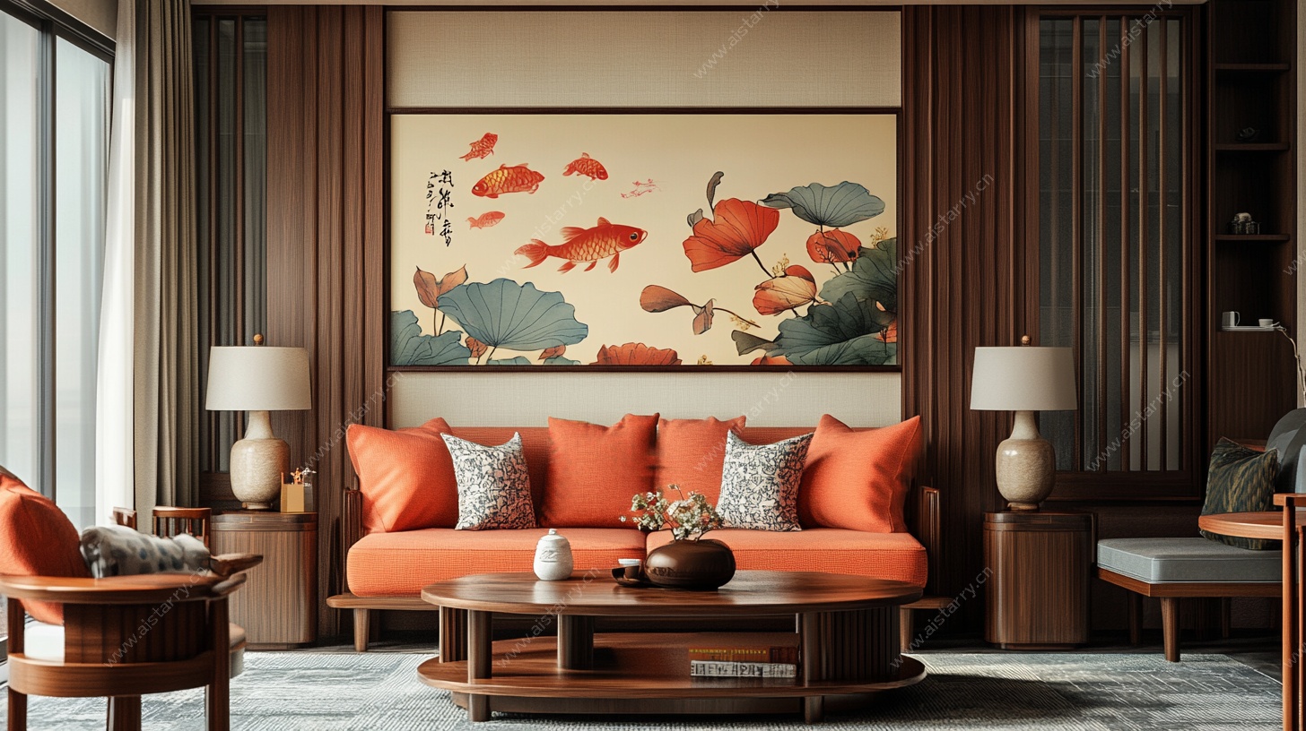 中式客厅 橙沙发配中式挂画
