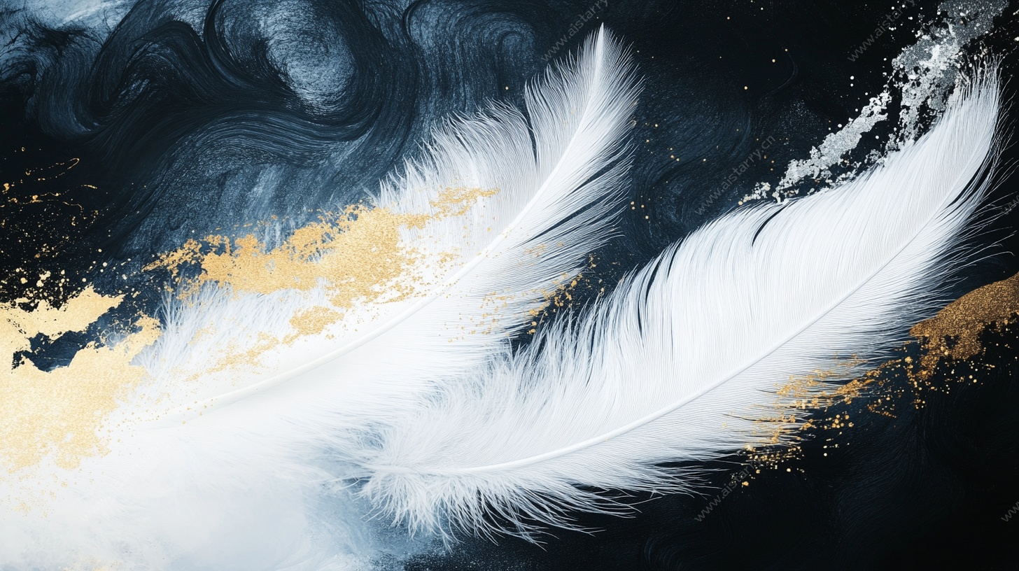 梦幻羽毛与金墨抽象画面