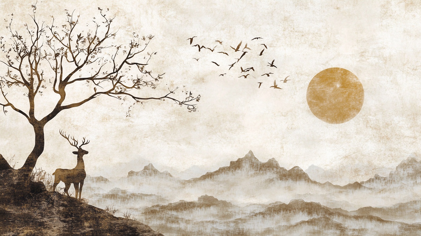 孤树麋鹿落日山水图