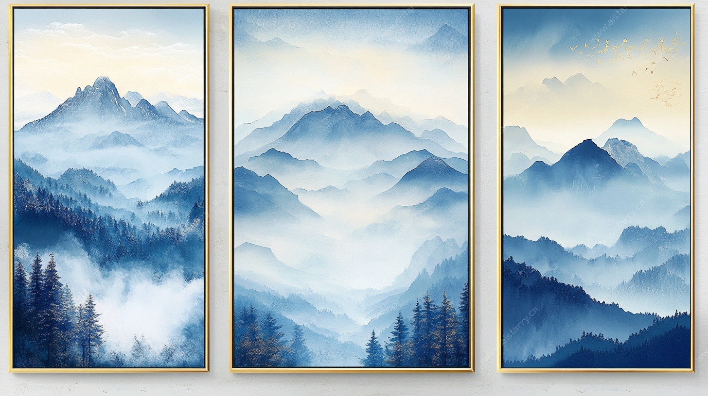 三联水墨山峦装饰画