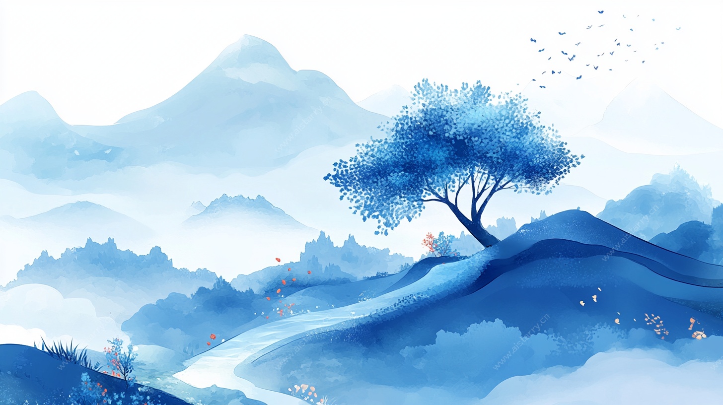 蓝调水墨山水孤树图