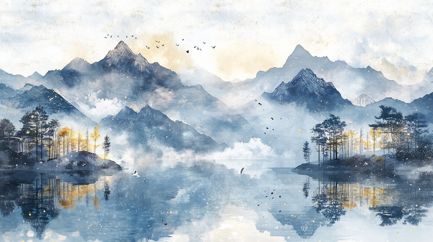 水墨山水湖景图