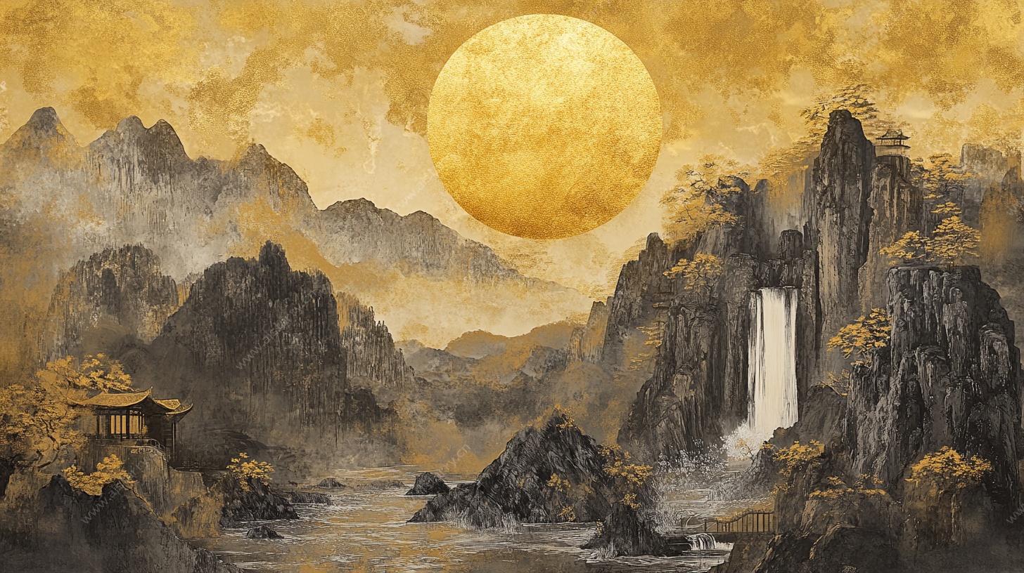 金黄月色下的山水胜景