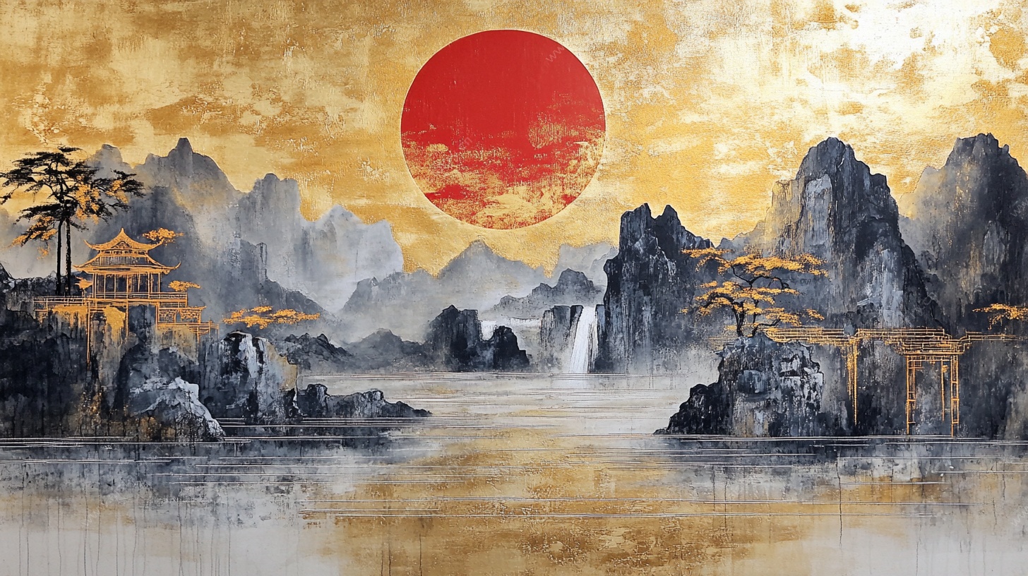 红日映山水中式意境图