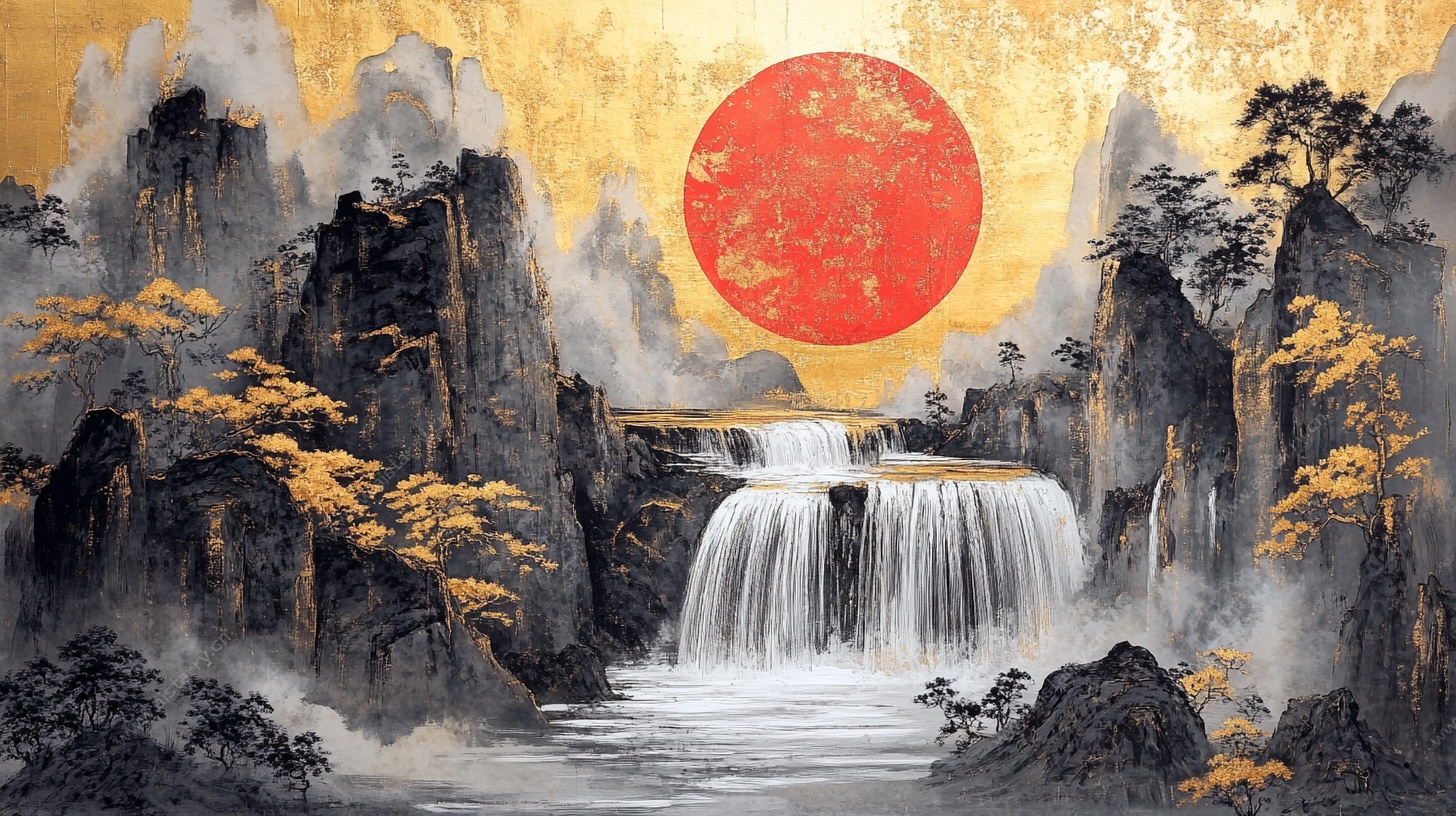 中式山水瀑布红日图