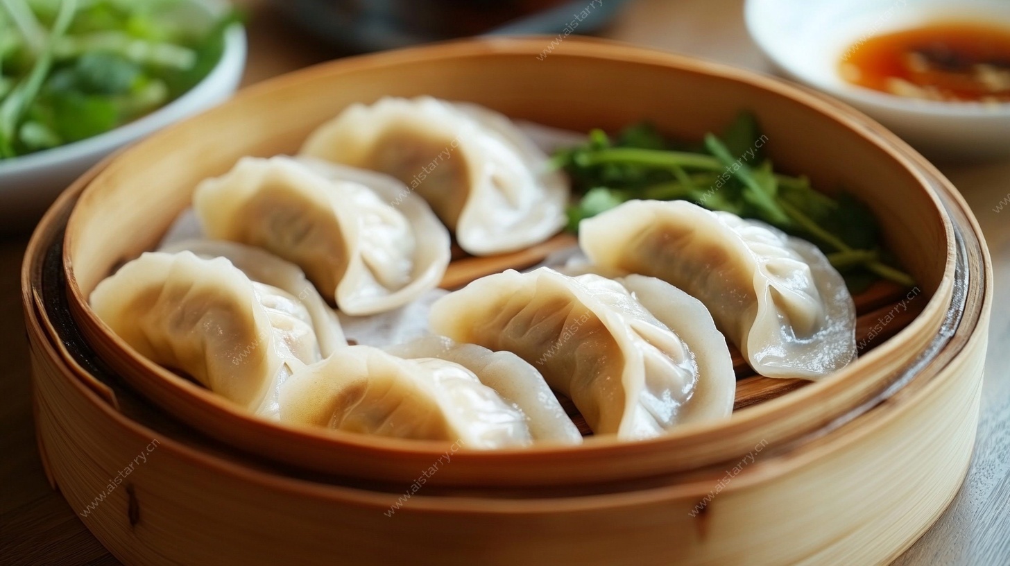 竹制蒸笼里的美味饺子