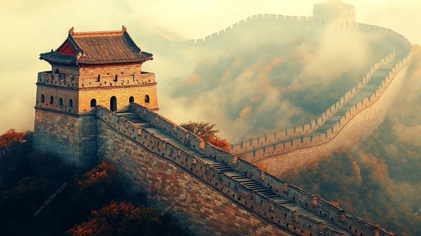 雾中壮丽长城古建筑景观