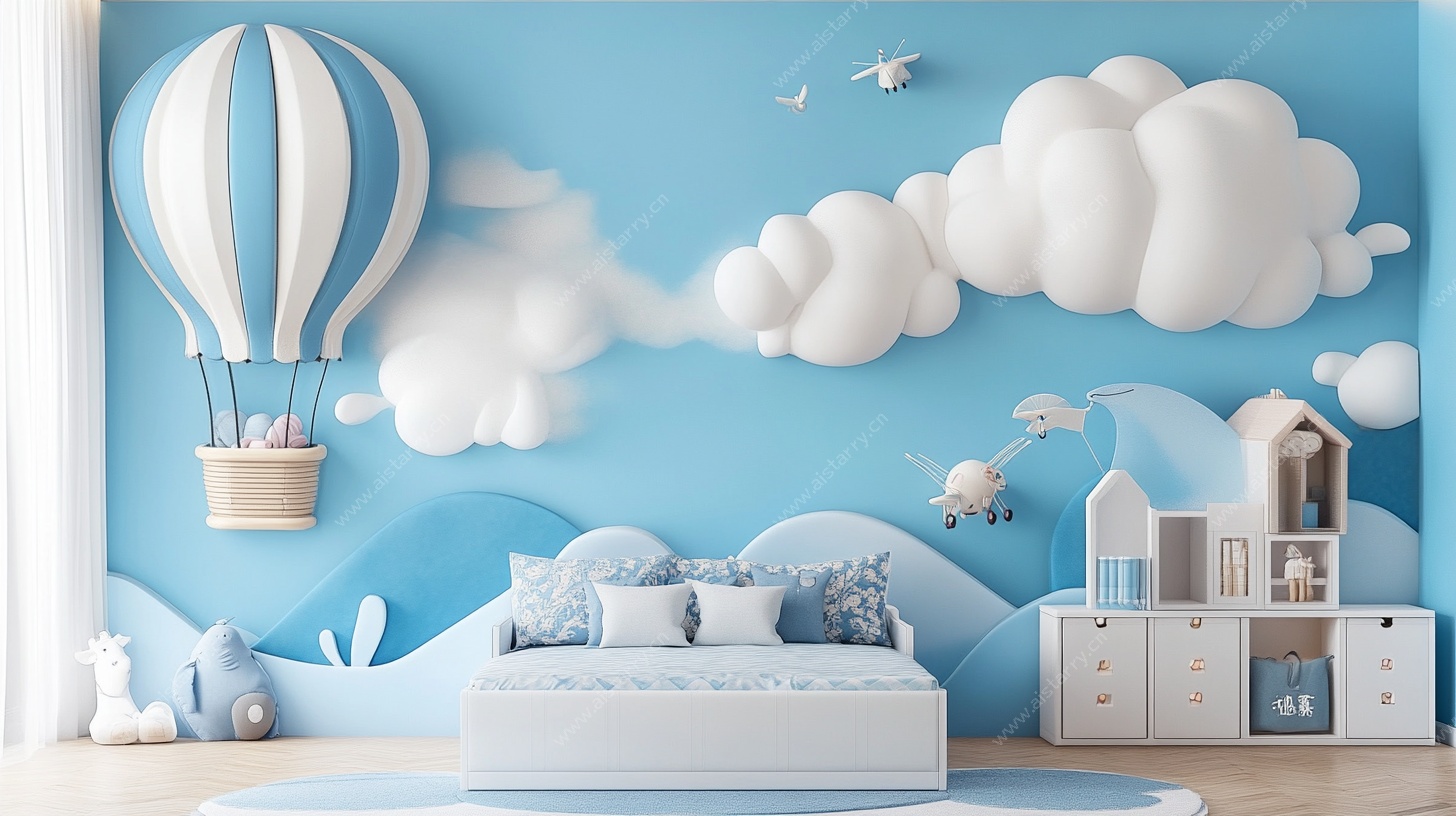 梦幻儿童房 云朵热气球背景