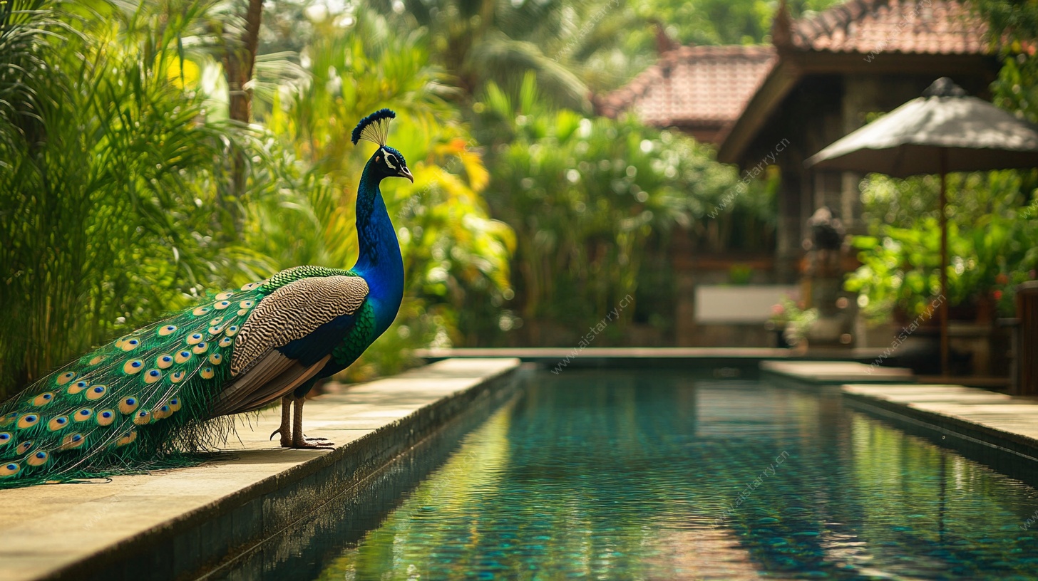 泳池边的美丽孔雀