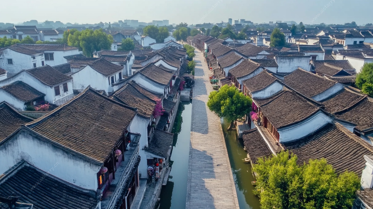 江南水乡古村落俯瞰图