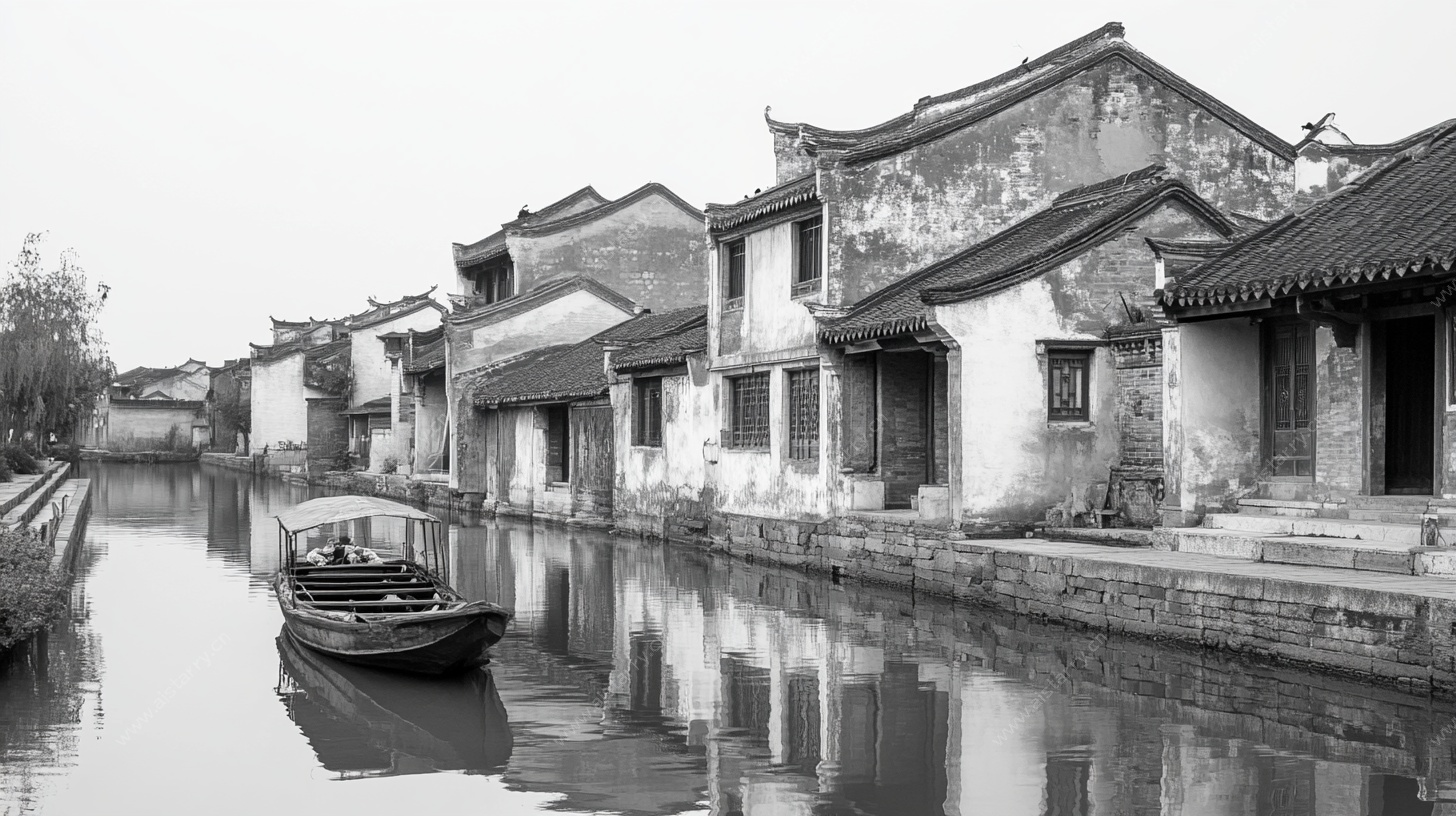 江南水乡黑白古韵风景