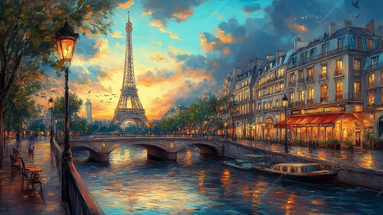 巴黎河畔黄昏美景