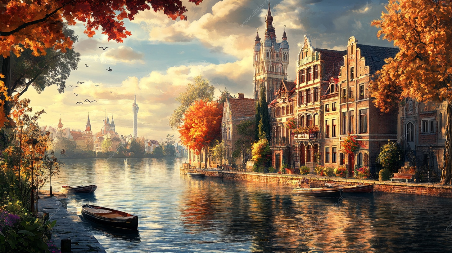 秋日河畔欧式建筑美景